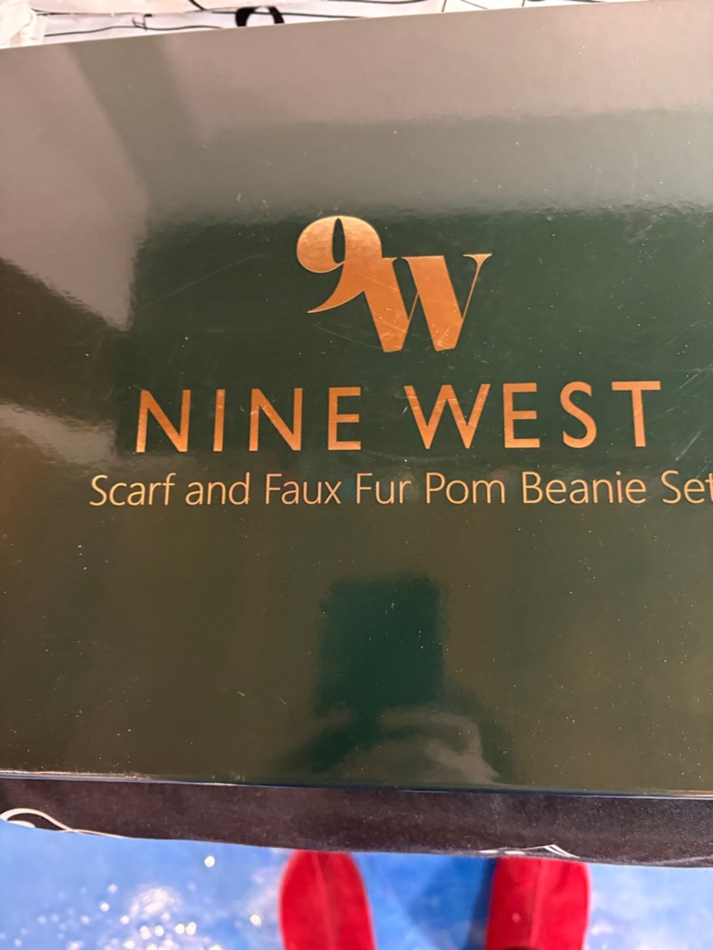 Nine West Green Scarf and Faux Fur Pom Beanie Set